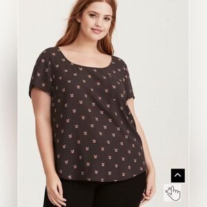 Torrid Abbey Georgette Button Back Short Sleeve Blouse Black Fox Print 1x